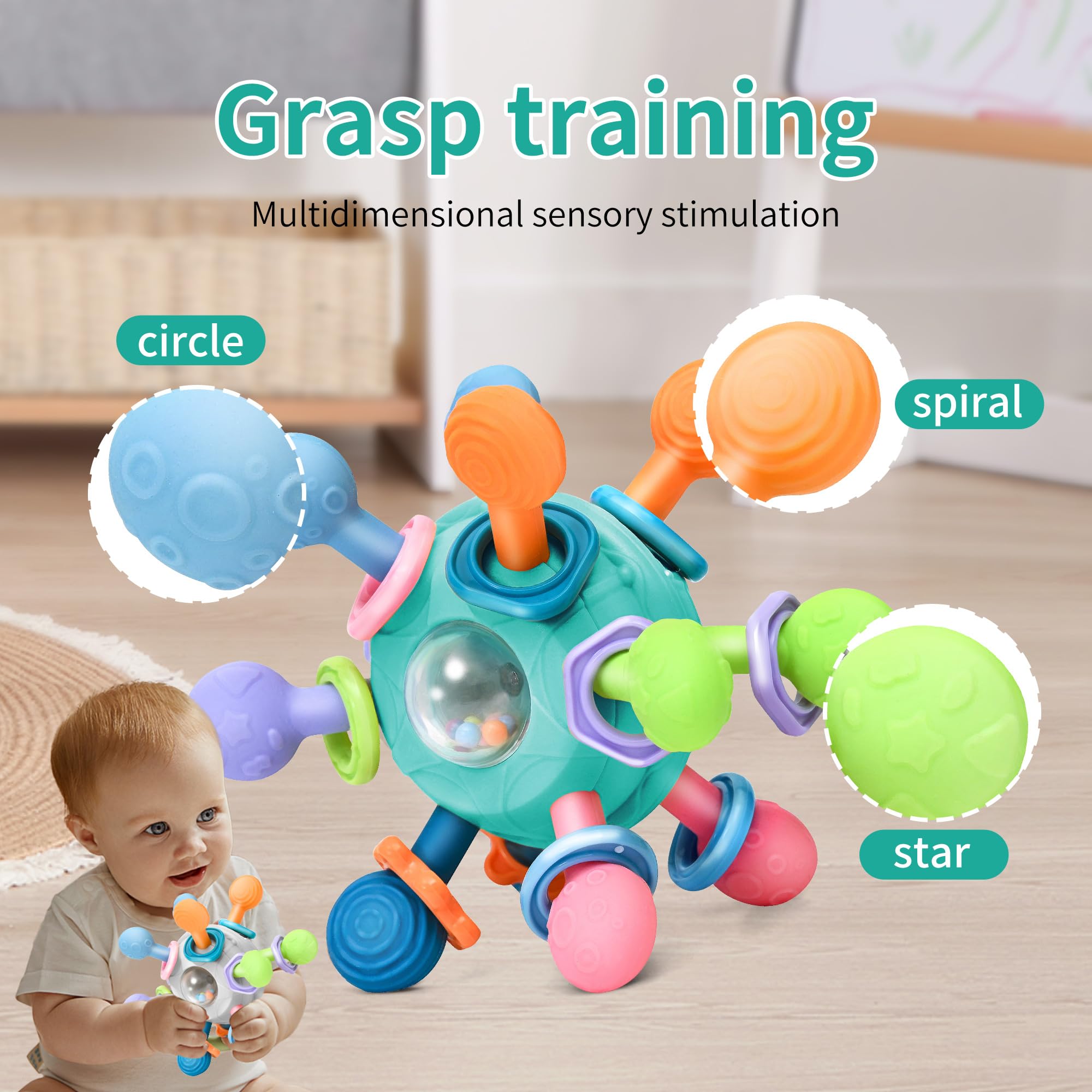 MonoTele Montessori teether emits a clicking sound for interactive play