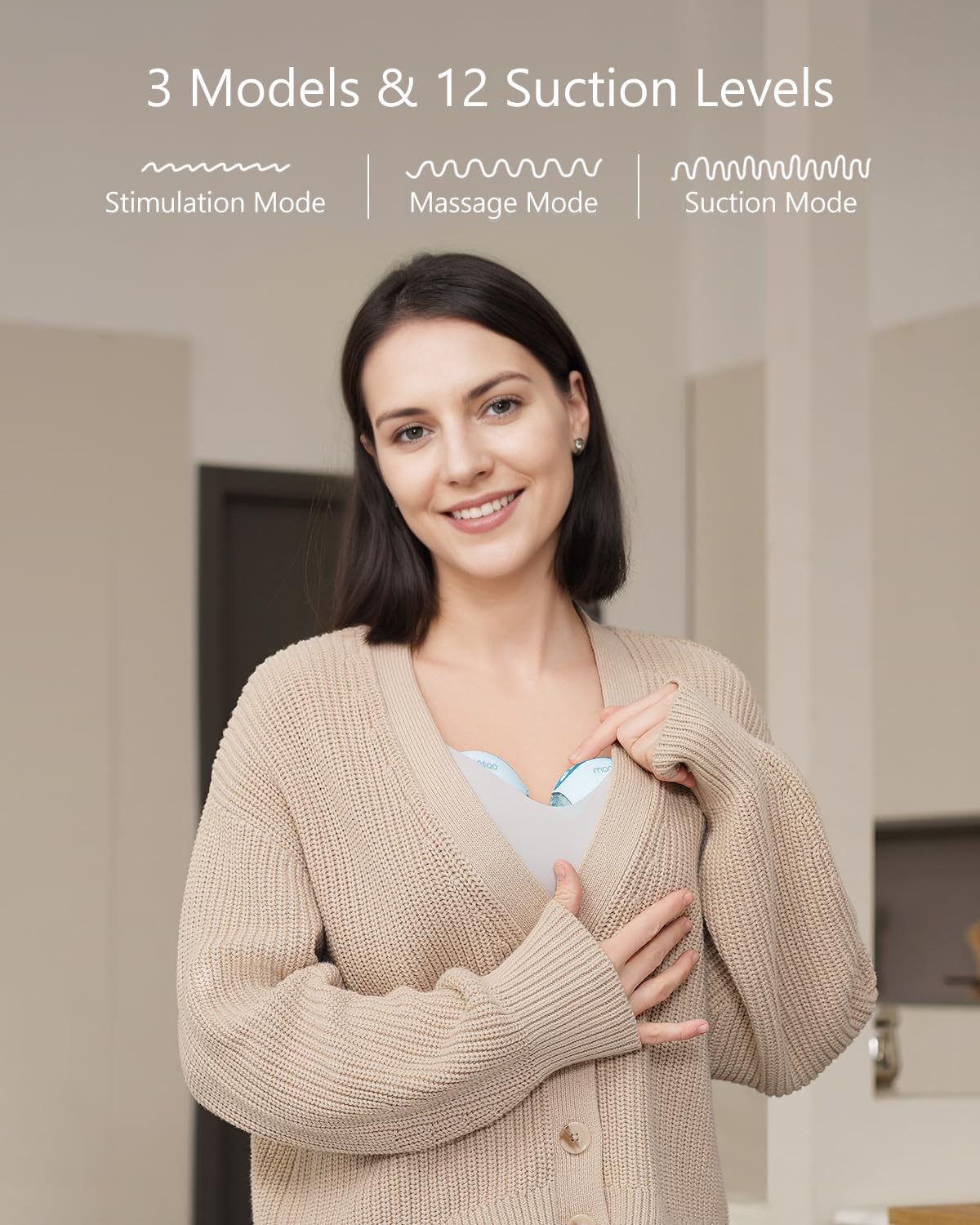 Monsao wearable breastpump with 3 modes and suction for comfort.