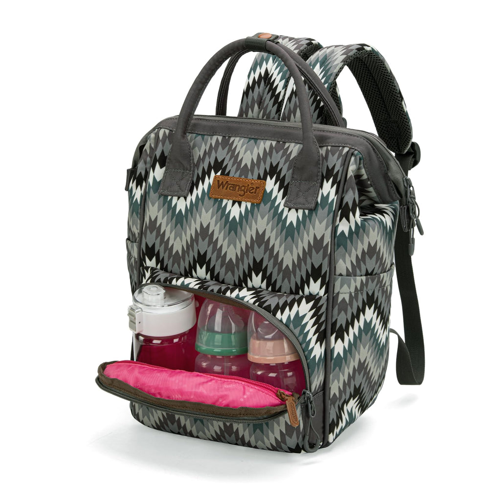 Montana West Wrangler Aztec Callie bag stroller attachment view emphasizes hands-free parenting
