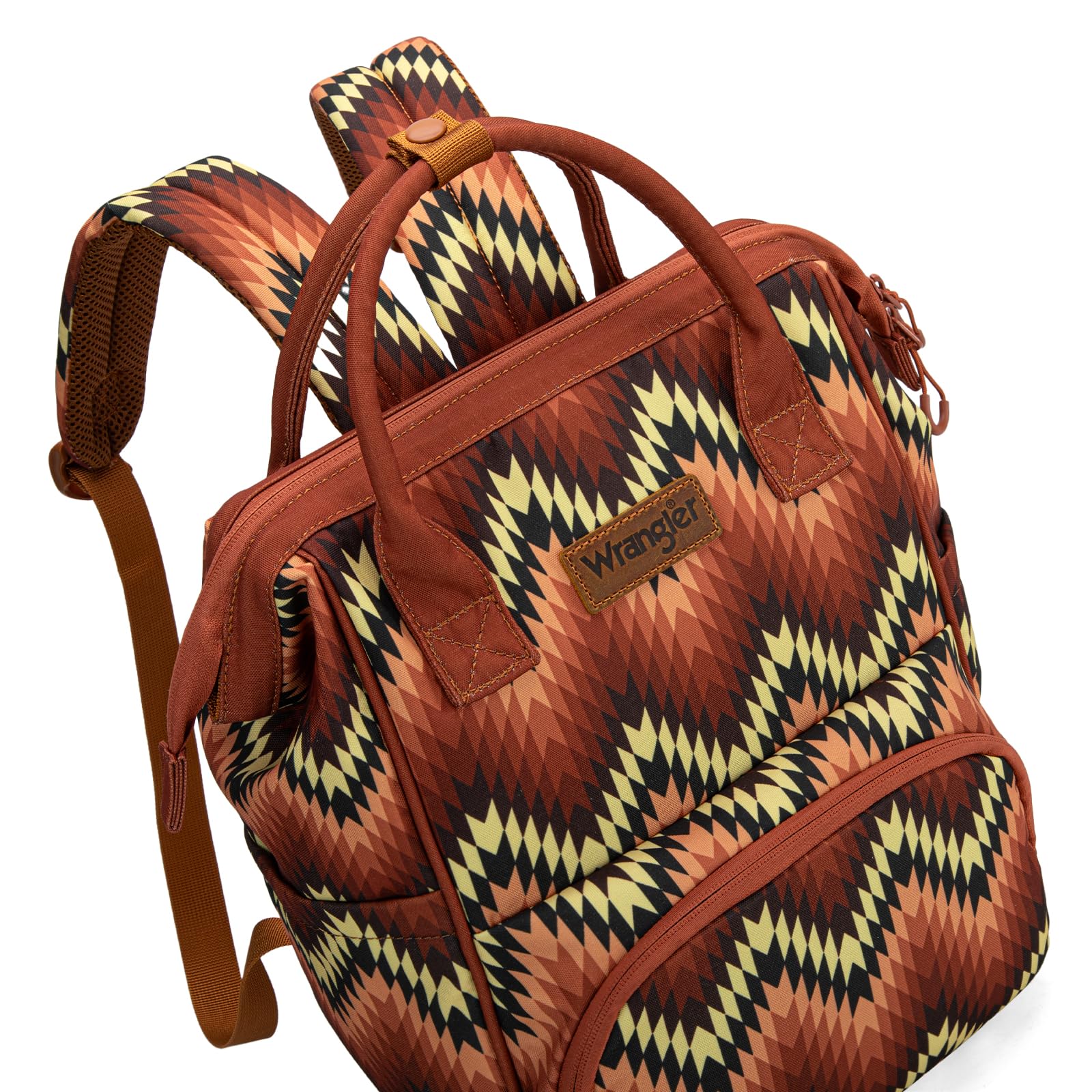 Montana West Wrangler Aztec diaper bag backpack back pocket layout supports quick-access essentials.
