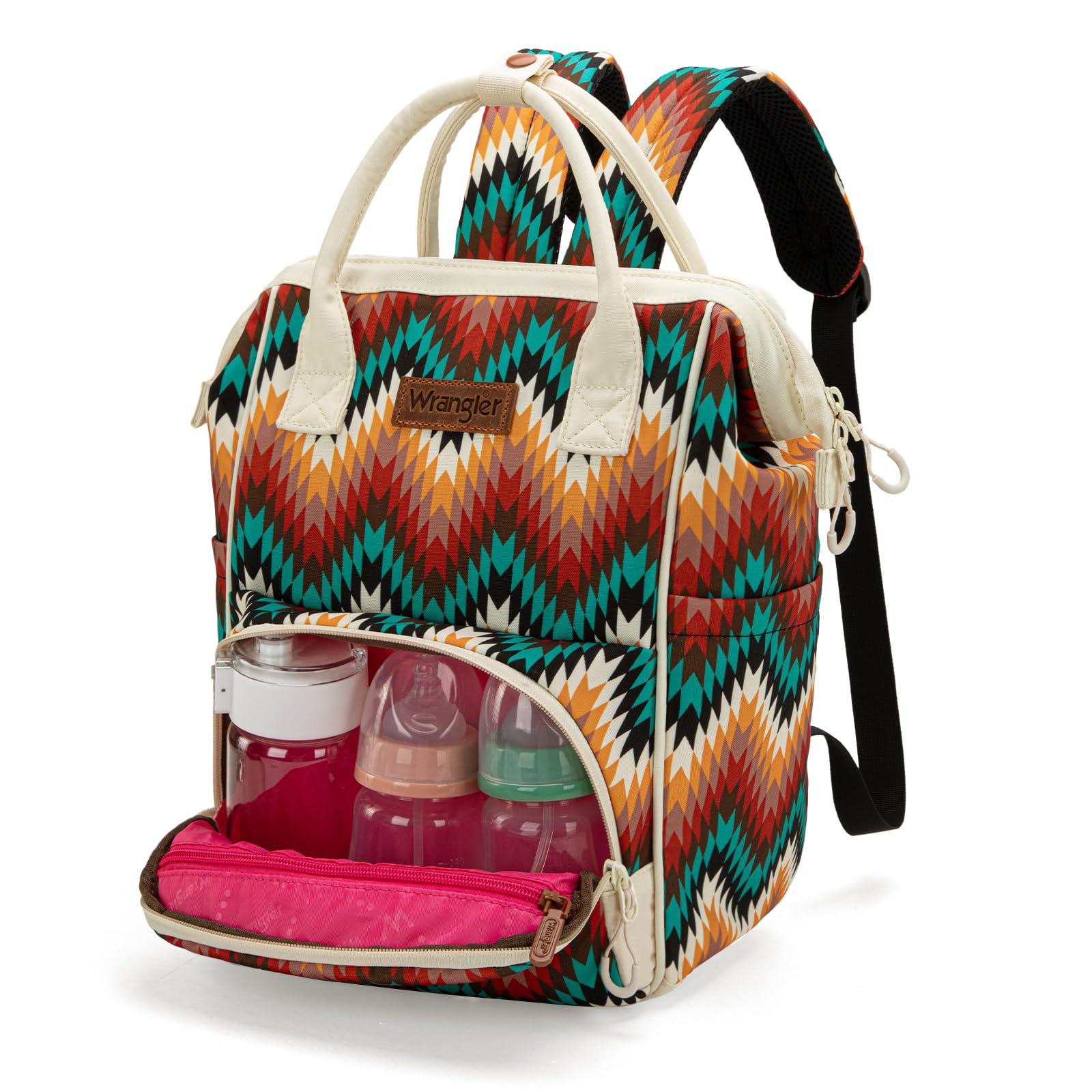 Montana West Wrangler Aztec Diaper Bag with insulated bottle pockets keeps drinks ready on the go