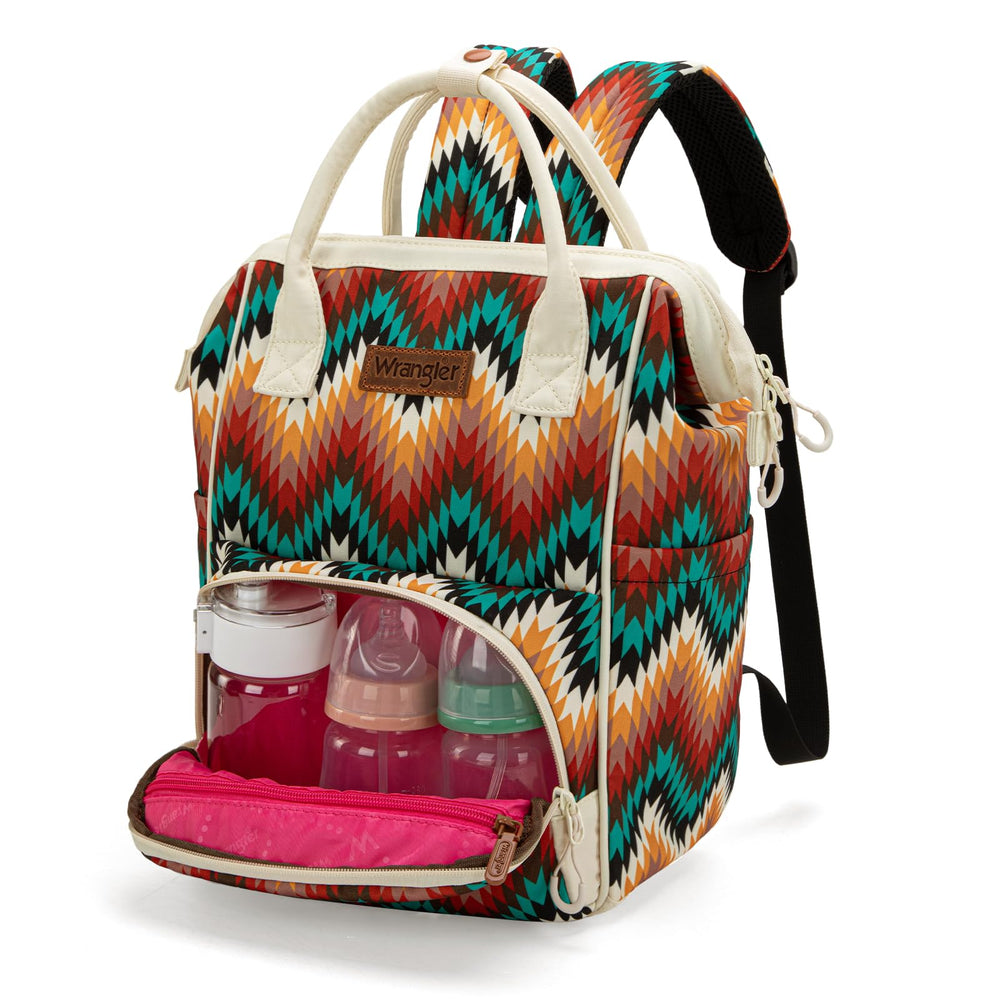 Montana West Wrangler Aztec Diaper Bag with insulated bottle pockets keeps drinks ready on the go