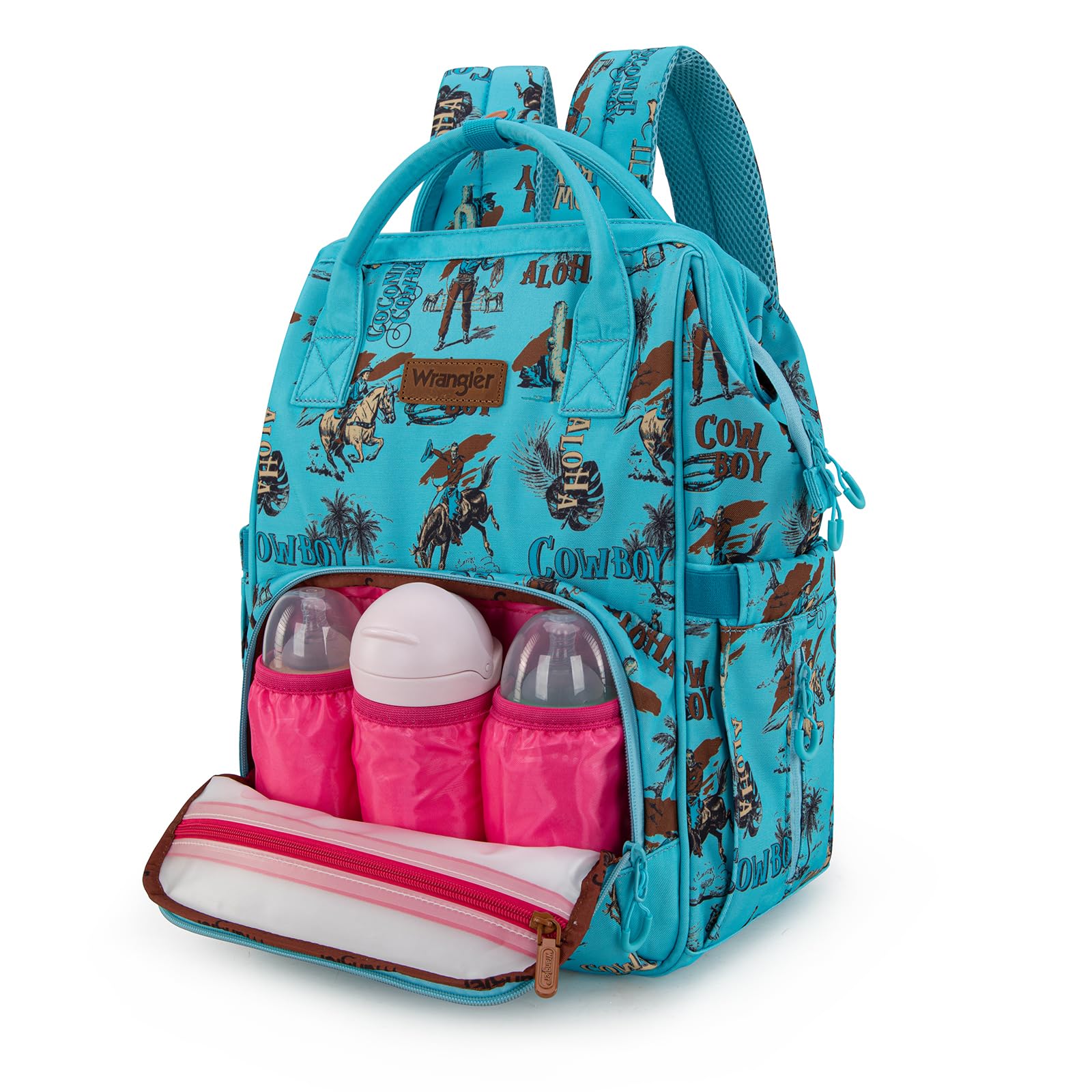 Montana West Wrangler Callie diaper side pocket enables quick bottle access