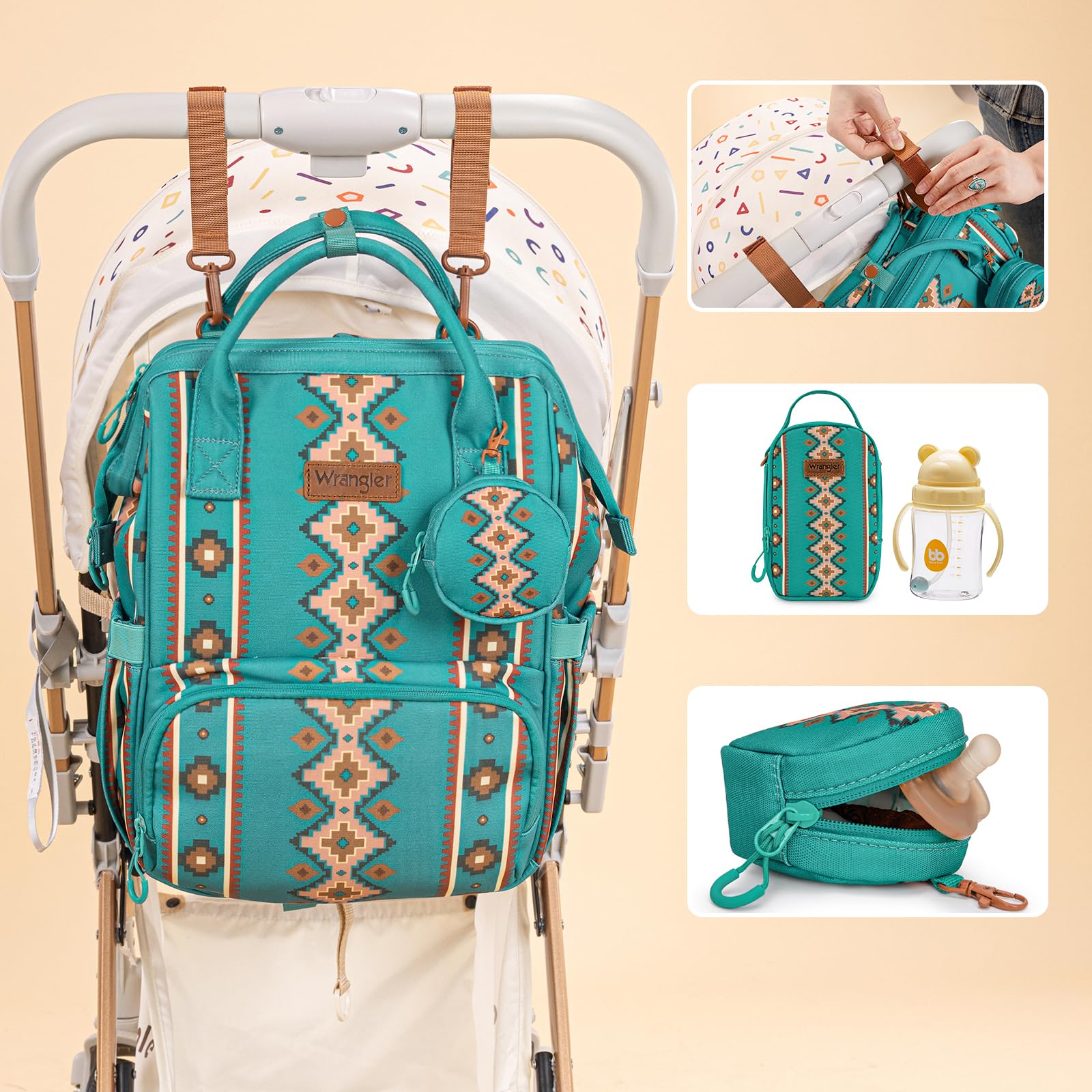 Montana West Wrangler Callie stroller straps attachment enables easy stroller compatibility.