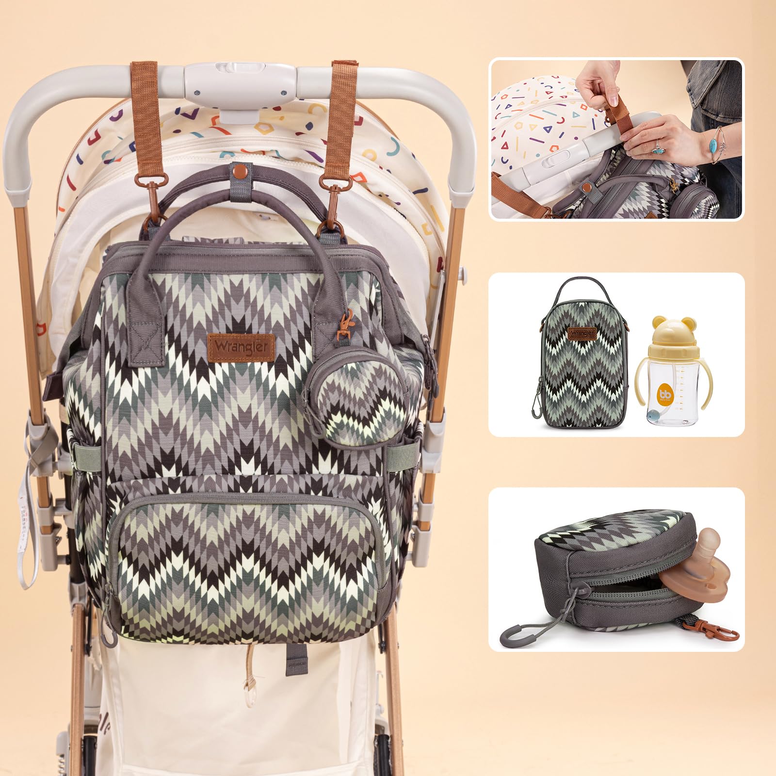 Montana West Wrangler Callie stroller straps enable hands-free mobility.