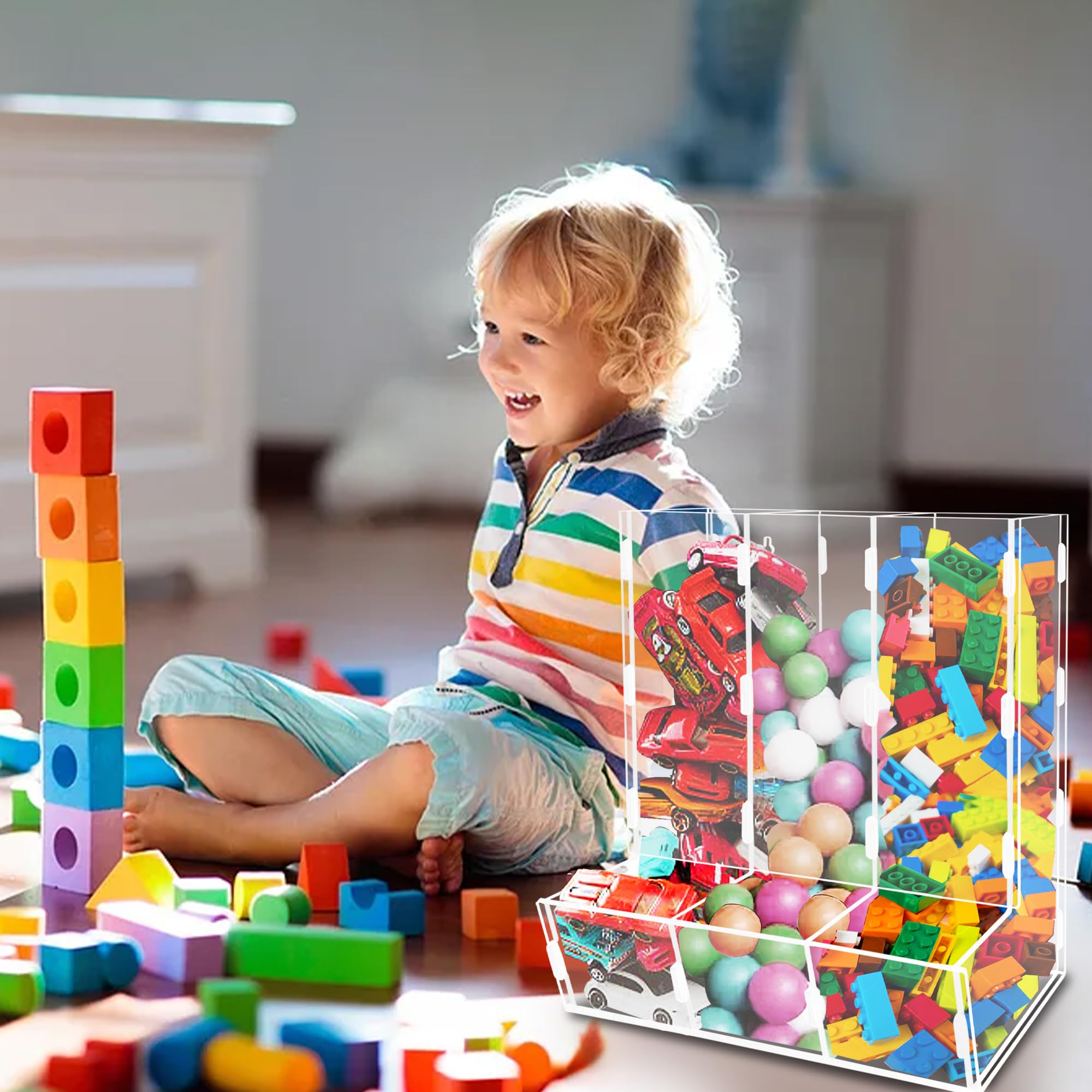 Montex acrylic wall storage in playroom enables easy reach to toys and snacks.