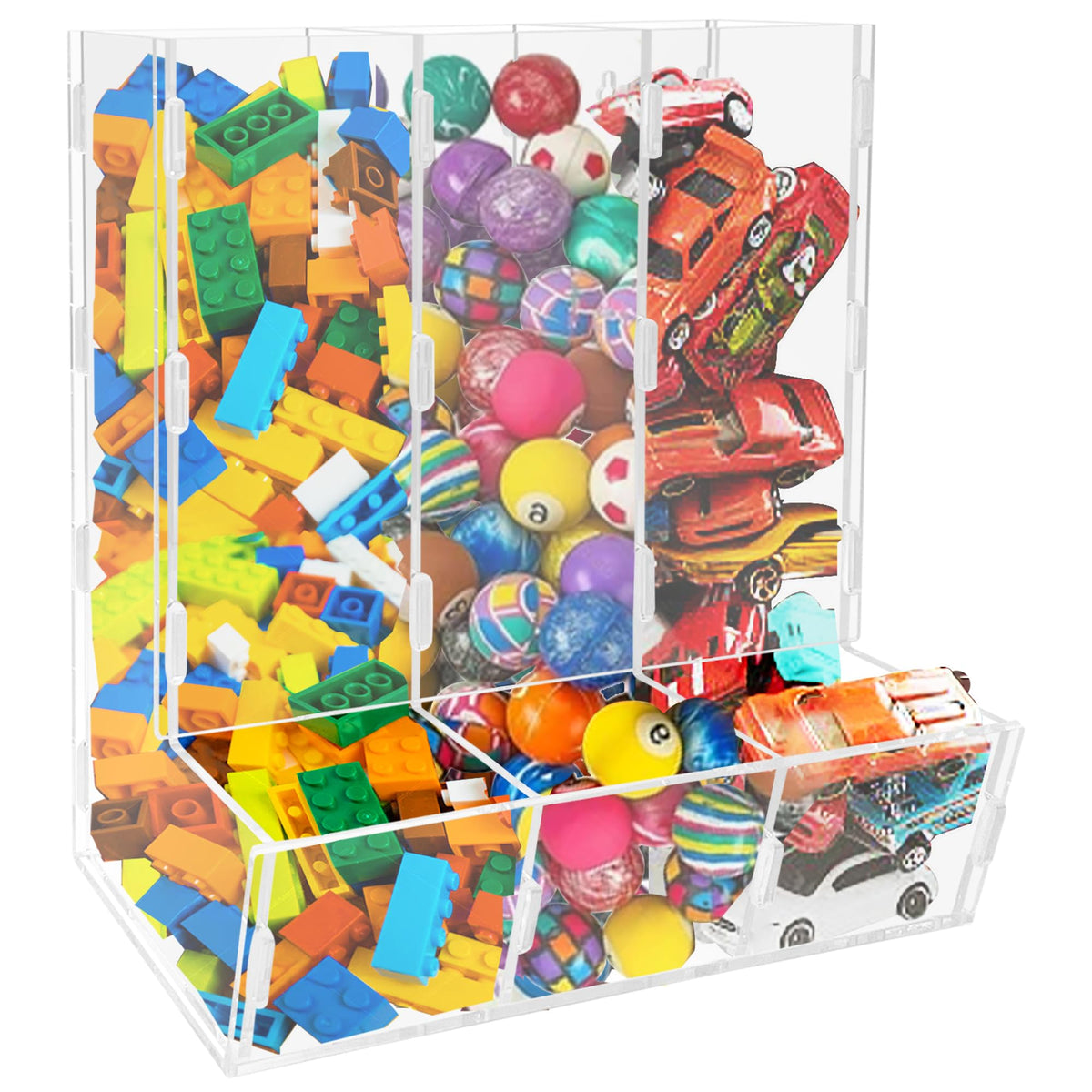 Montex acrylic wall toy dispenser front view with easy toy visibility.