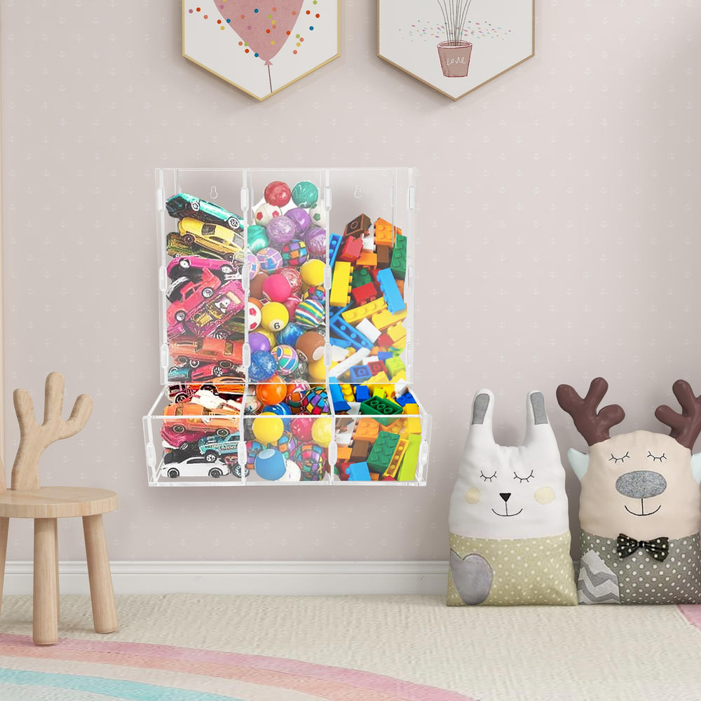 Montex acrylic wall toy dispenser mounted on wall saves space.