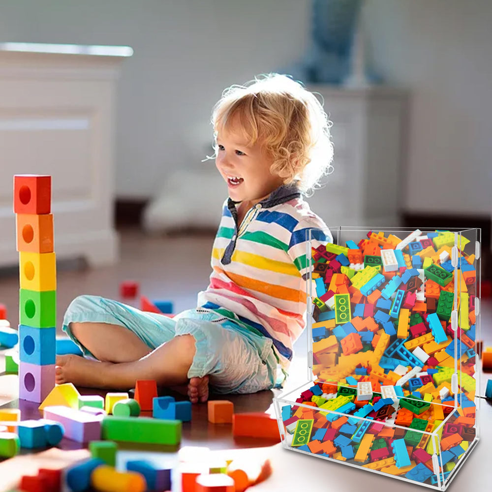 Montex acrylic wall toy dispenser shows multiple items neatly organized