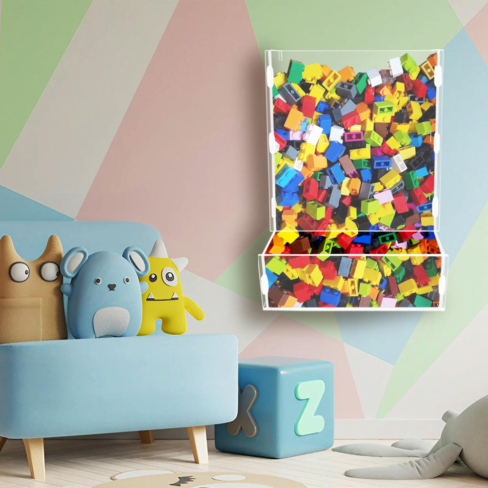 Montex wall toy dispenser side view demonstrates compact vertical space efficiency for small rooms.