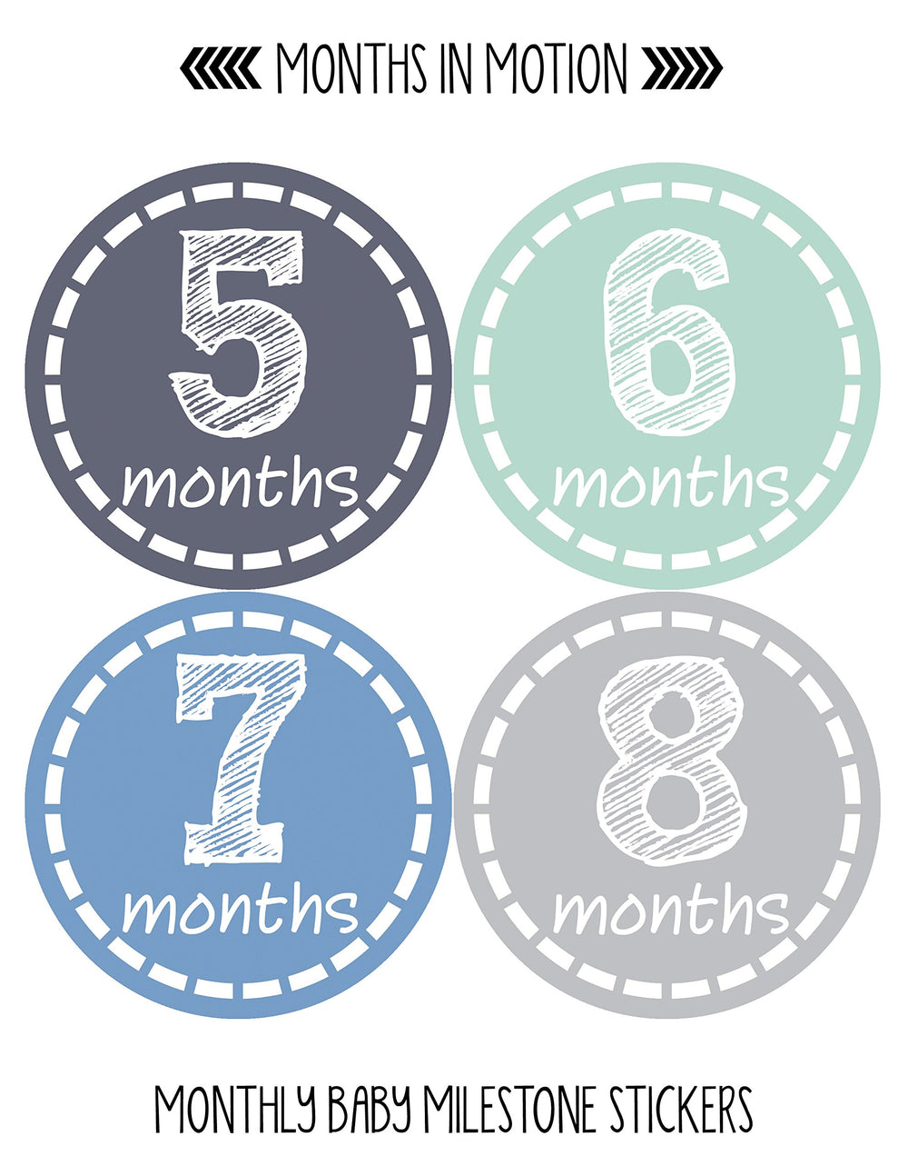 Months In Motion round stickers closeup shows 3.93-inch diameter