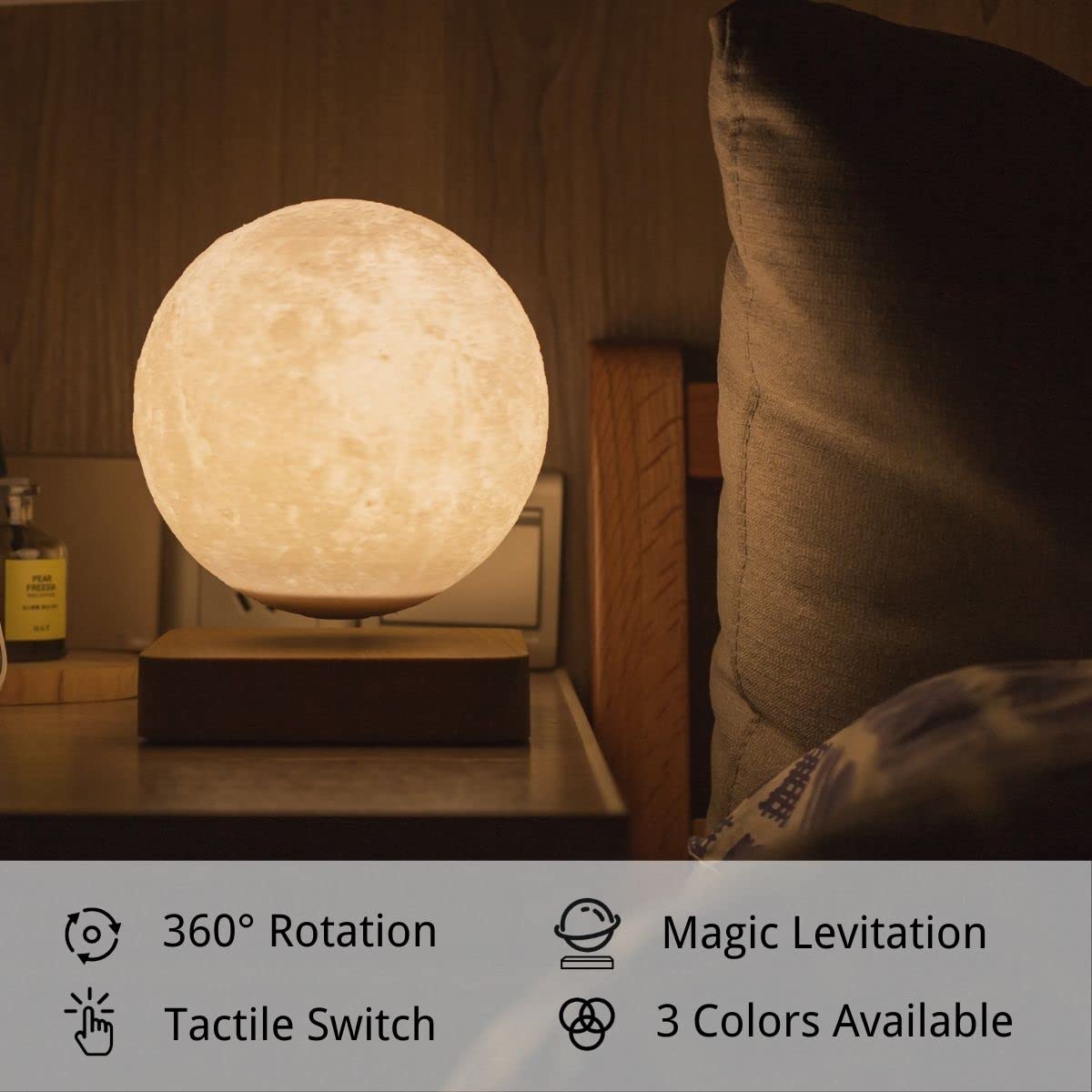 MOOCCI Levitating Moon Lamp offers warm white, cool white, and warm yellow colors for cozy moods.