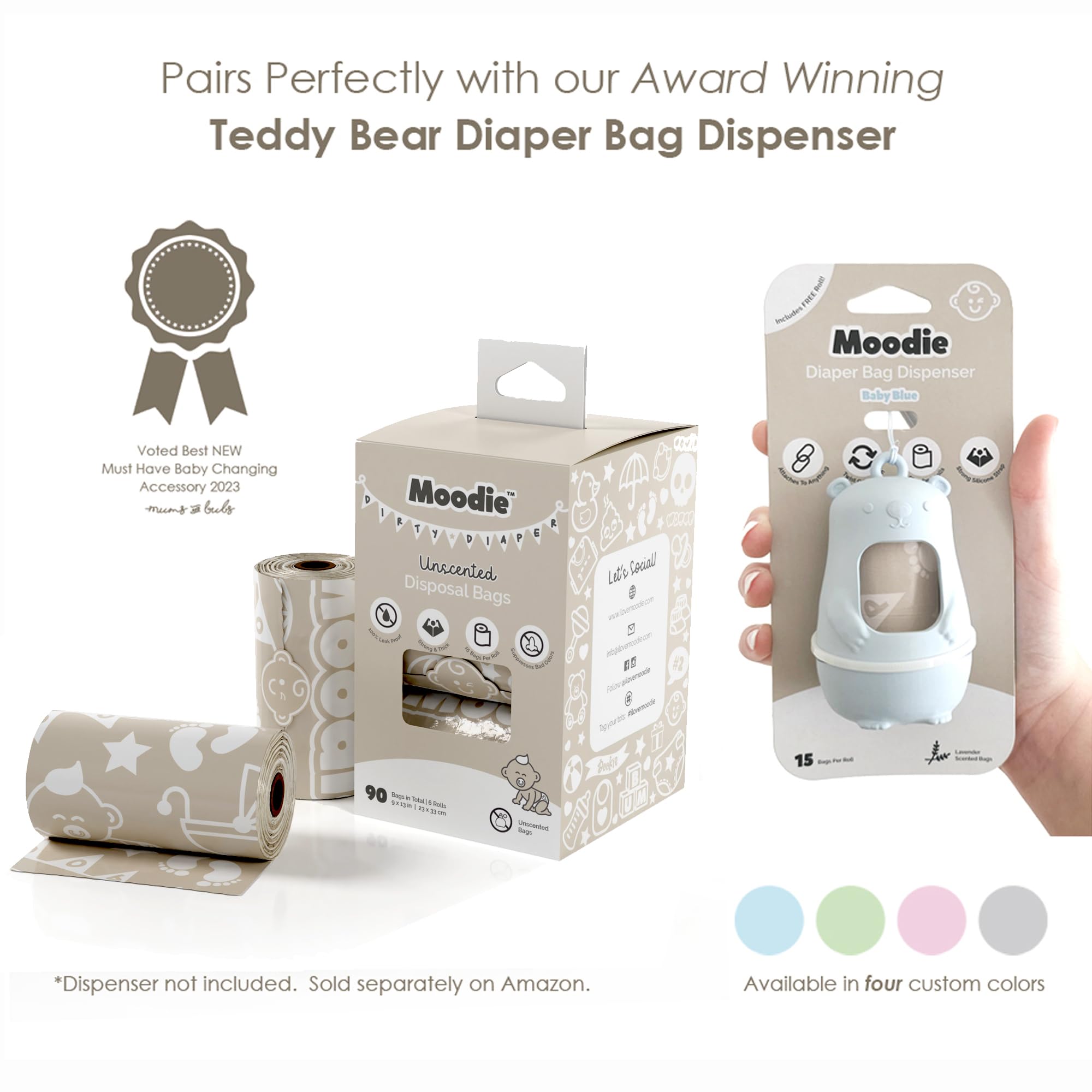 Moodie baby poop bags in car usage setup for clean handling during trips.