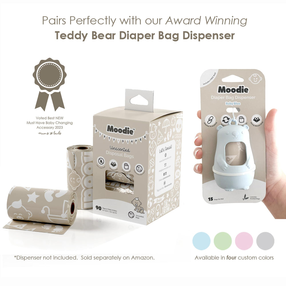 Moodie baby poop bags in car usage setup for clean handling during trips.