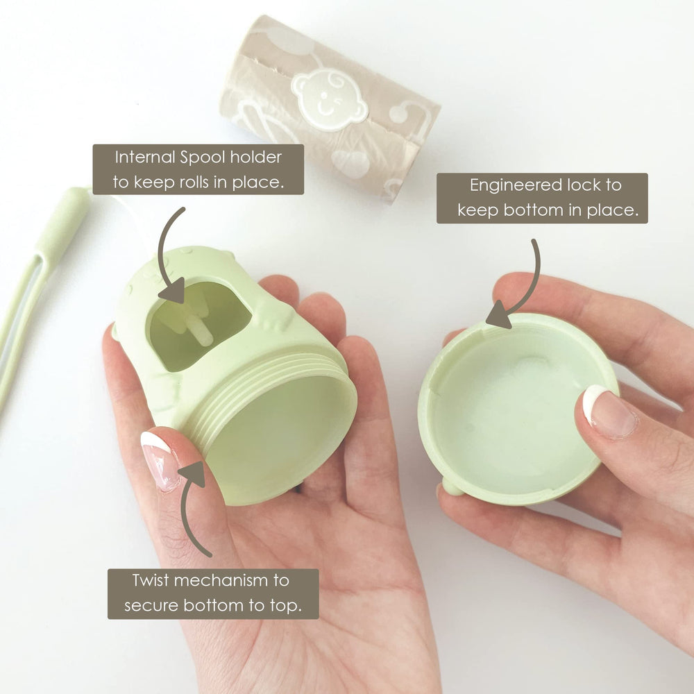 Moodie diaper bags dispenser twist-cap refill enables fast bag changes.
