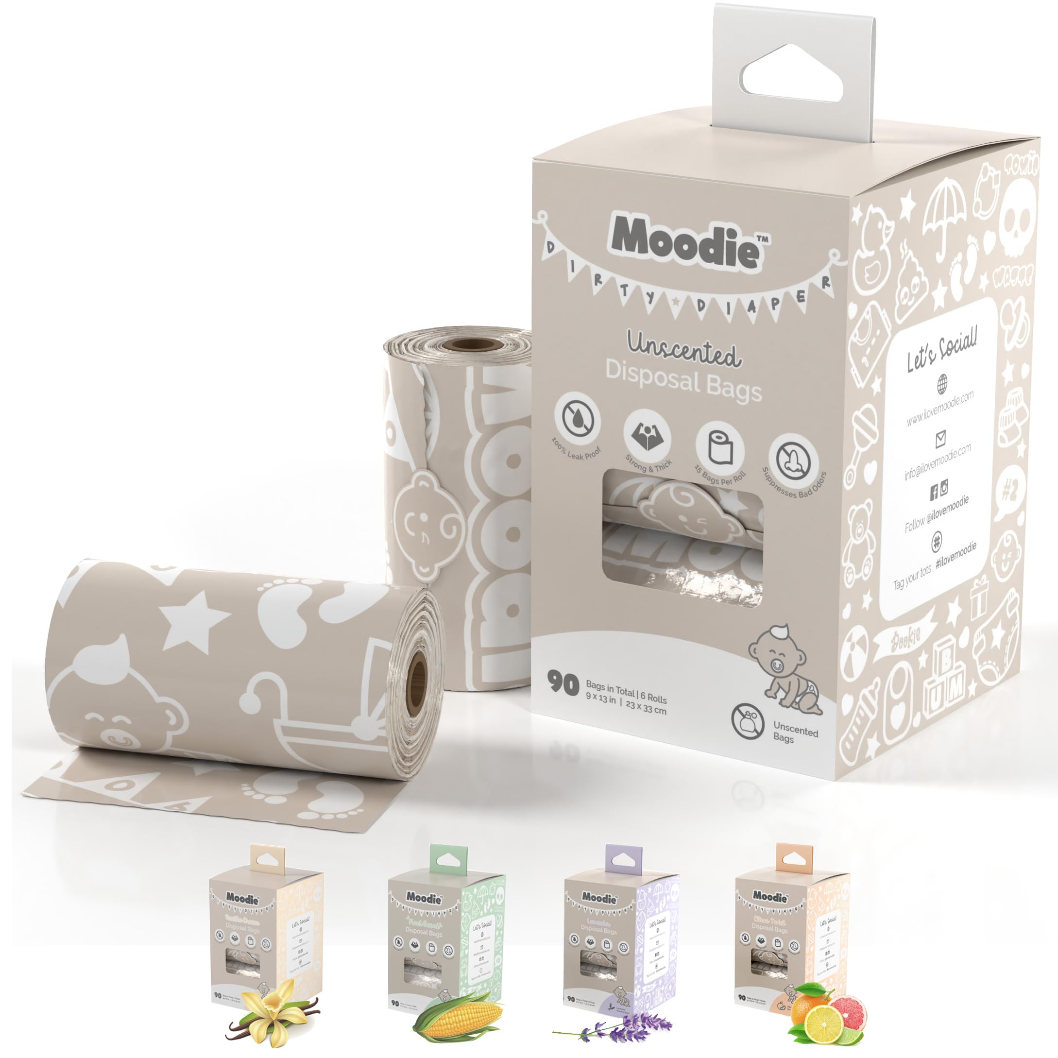 Moodie disposable diaper bags pack open showing 9x13 inch bags for quick, mess-free outings.