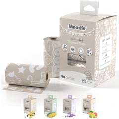 Moodie disposable diaper bags pack open showing 9x13 inch bags for quick, mess-free outings.