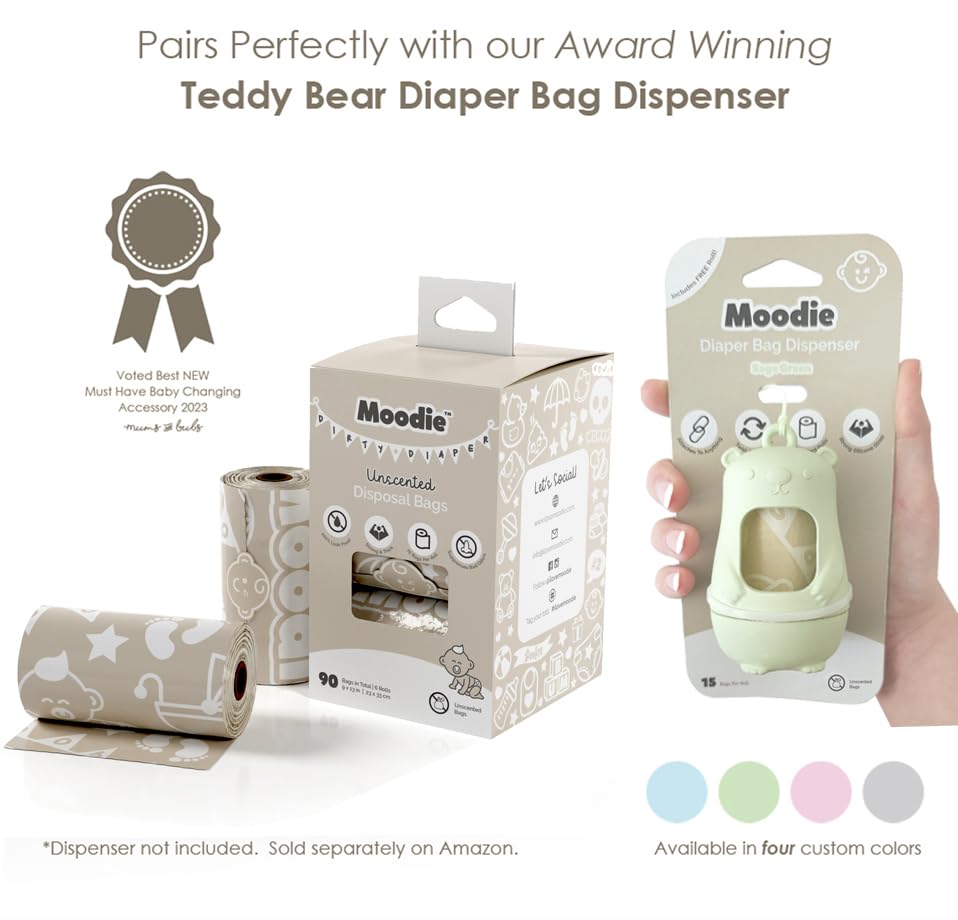 Moodie silicone strap attachment keeps dispenser within reach on stroller.