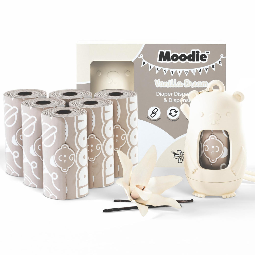 Moodie teddy bear diaper bag dispenser showing compact design for on-the-go changes