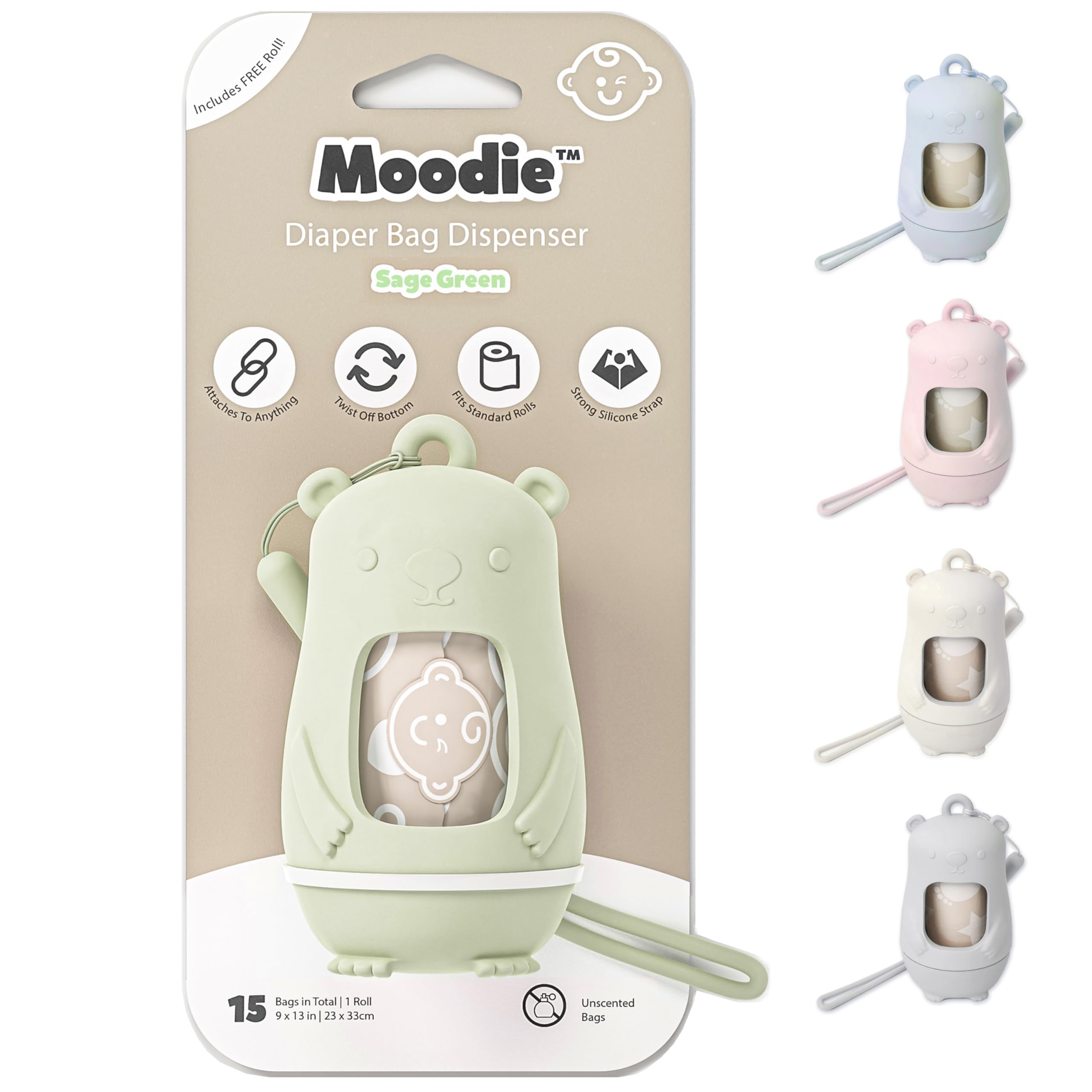 Moodie Teddy Bear Diaper Dispenser sage green front view for clutter-free on-the-go diaper changes.