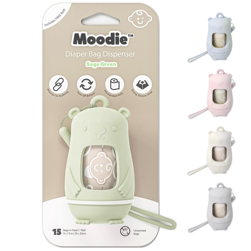 Moodie Teddy Bear Diaper Dispenser sage green front view for clutter-free on-the-go diaper changes.