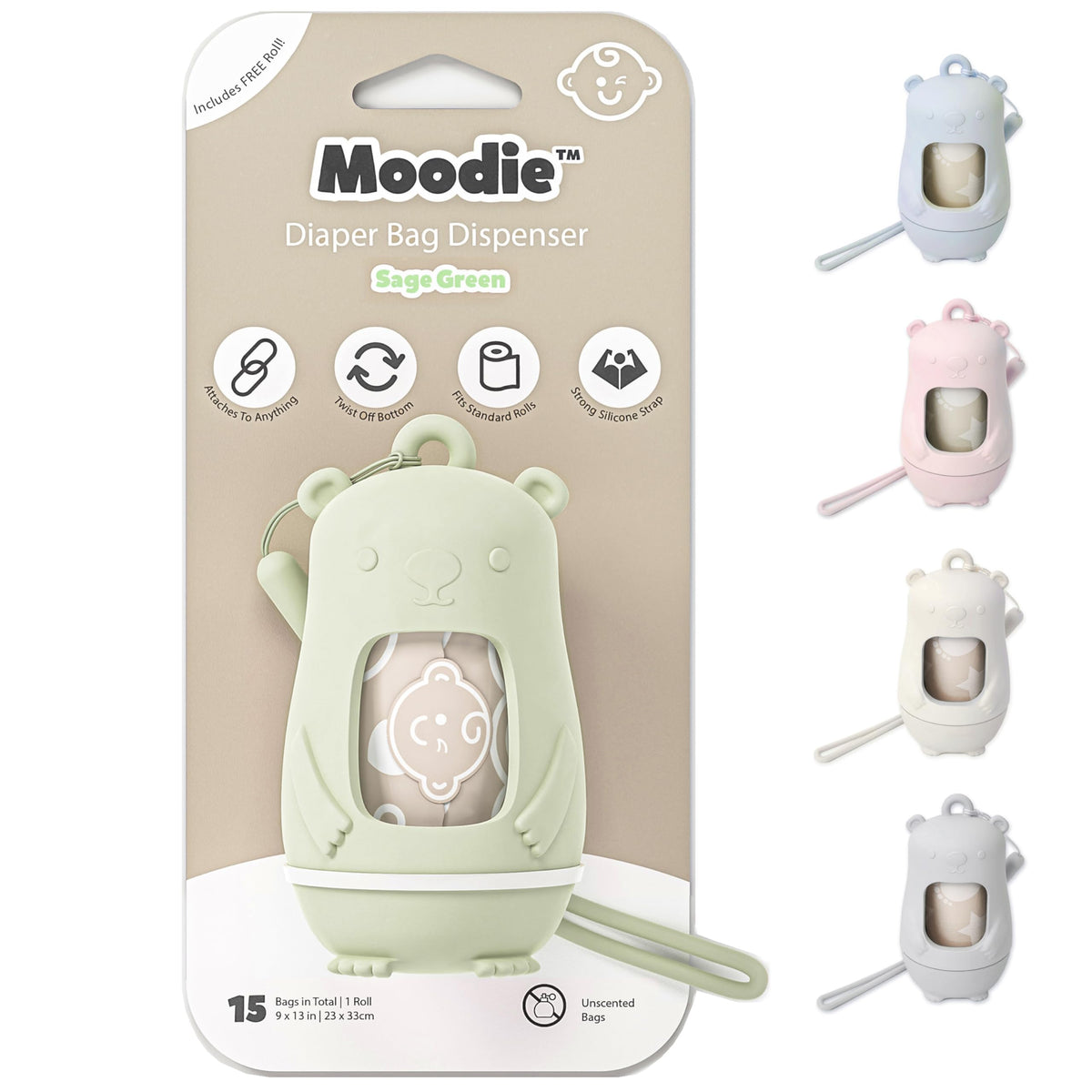 Moodie Teddy Bear Diaper Dispenser sage green front view for clutter-free on-the-go diaper changes.