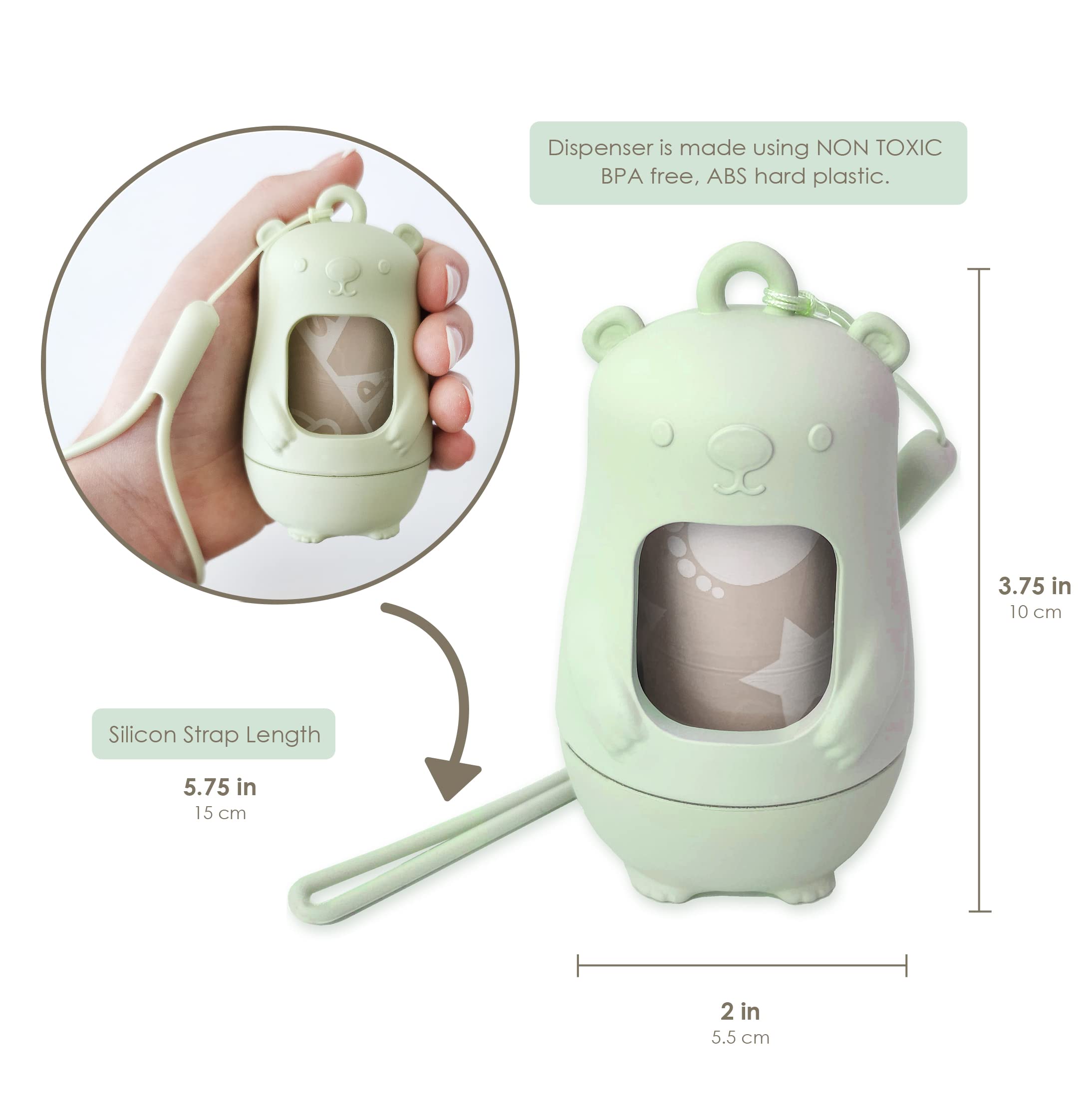 Moodie Teddy Bear Diaper Dispenser sage green side view for quick twist refill.