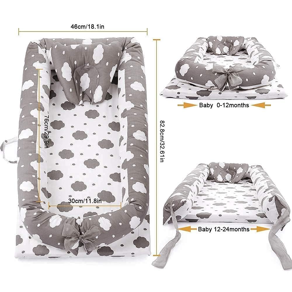 Mooedcoe portable baby cushion pad showing padded edge design defining the baby area