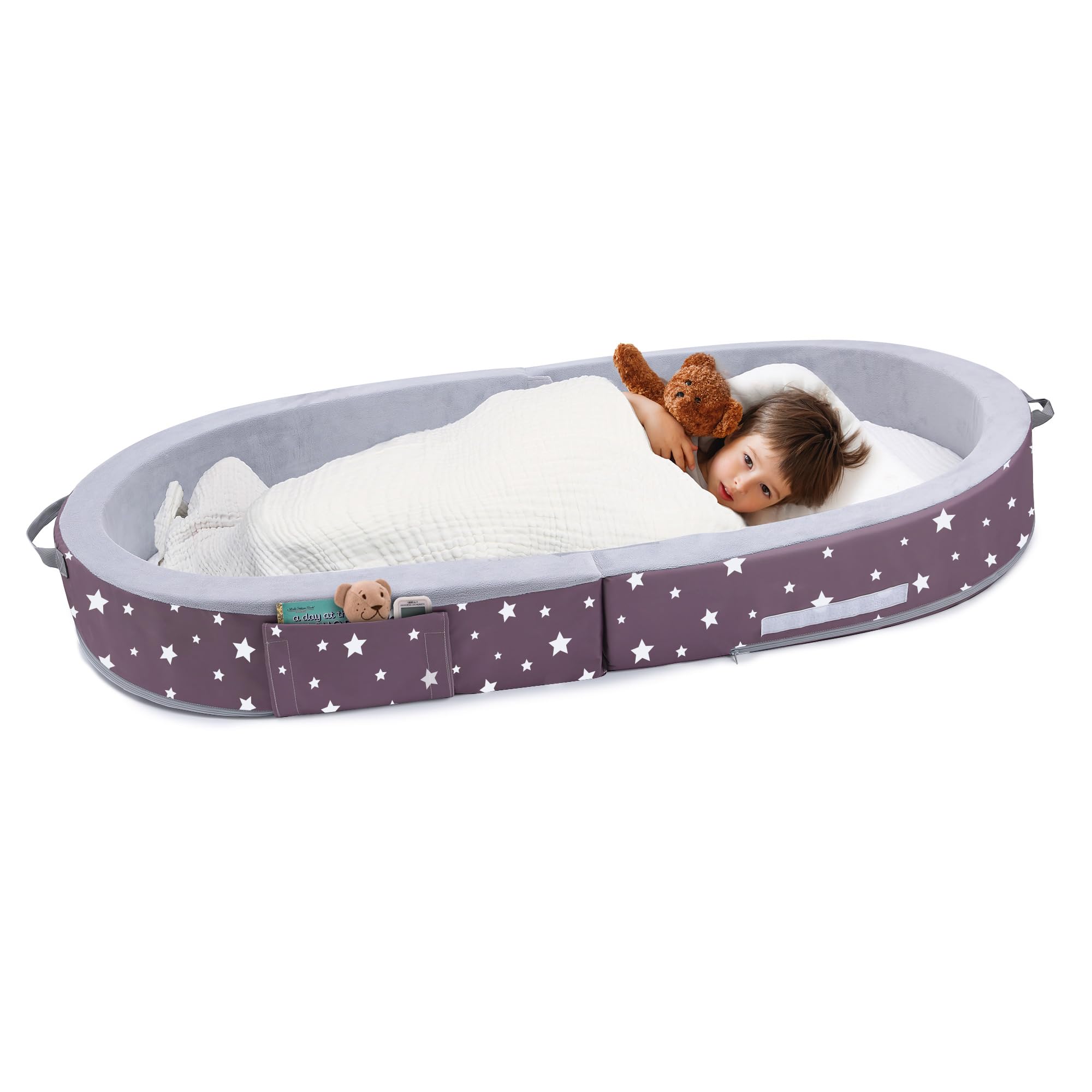 Mooedcoe portable foldable toddler bed, round star design, ideal for travel naps.
