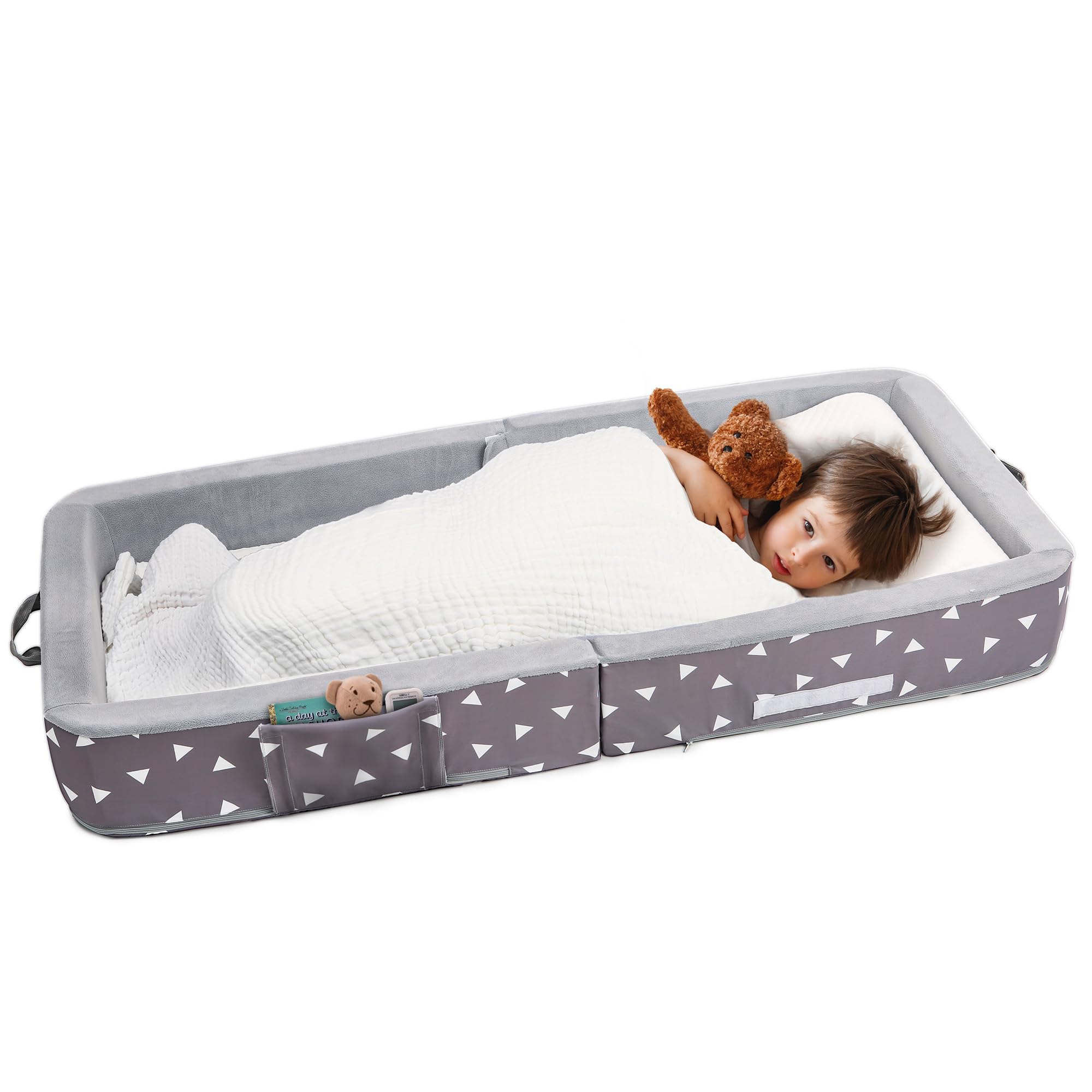 Mooedcoe Portable Toddler Bed folded compact for travel convenience.