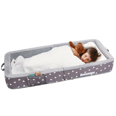Mooedcoe Portable Toddler Bed folded compact for travel convenience.