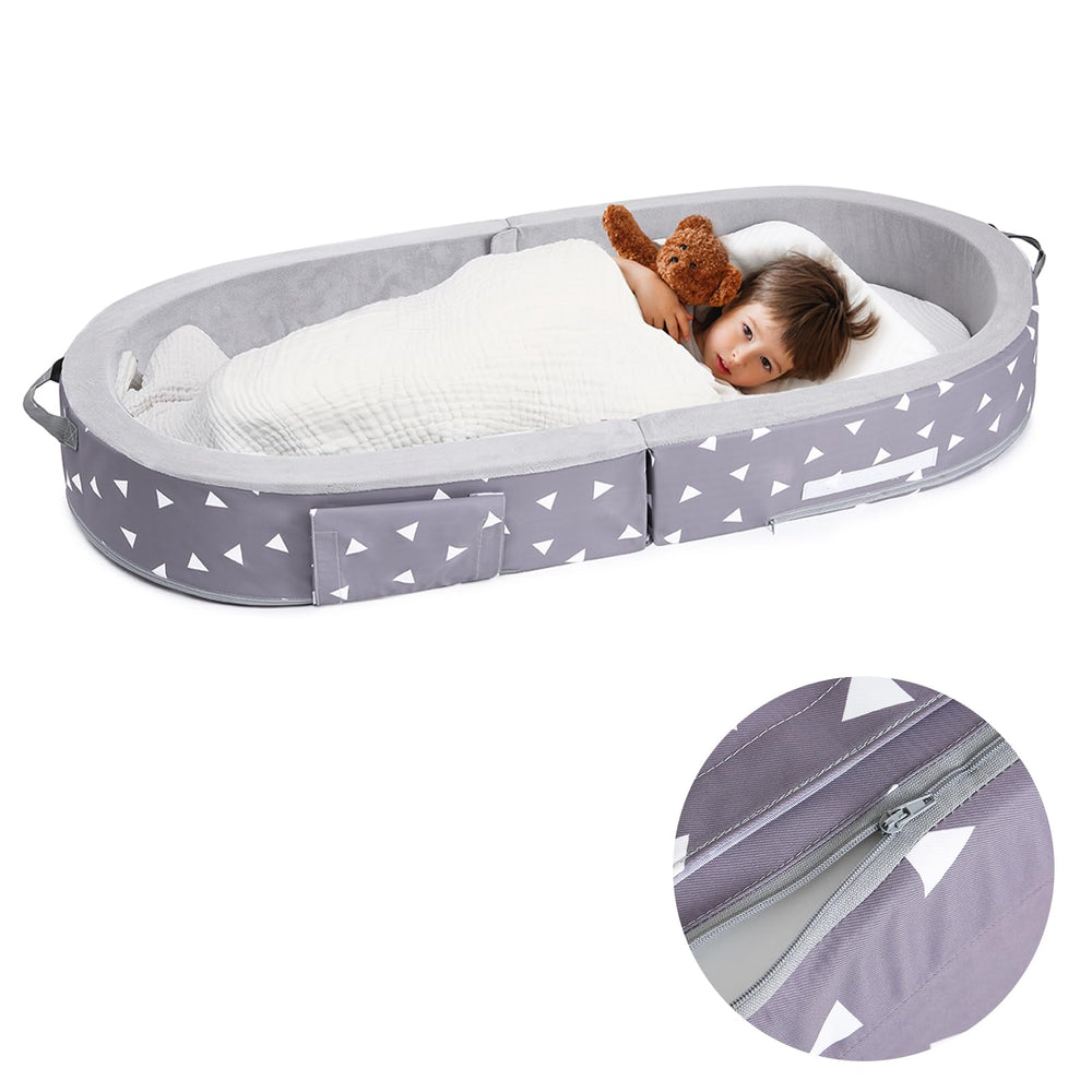 Mooedcoe toddler travel bed unfolded to reveal roomy sleep area.
