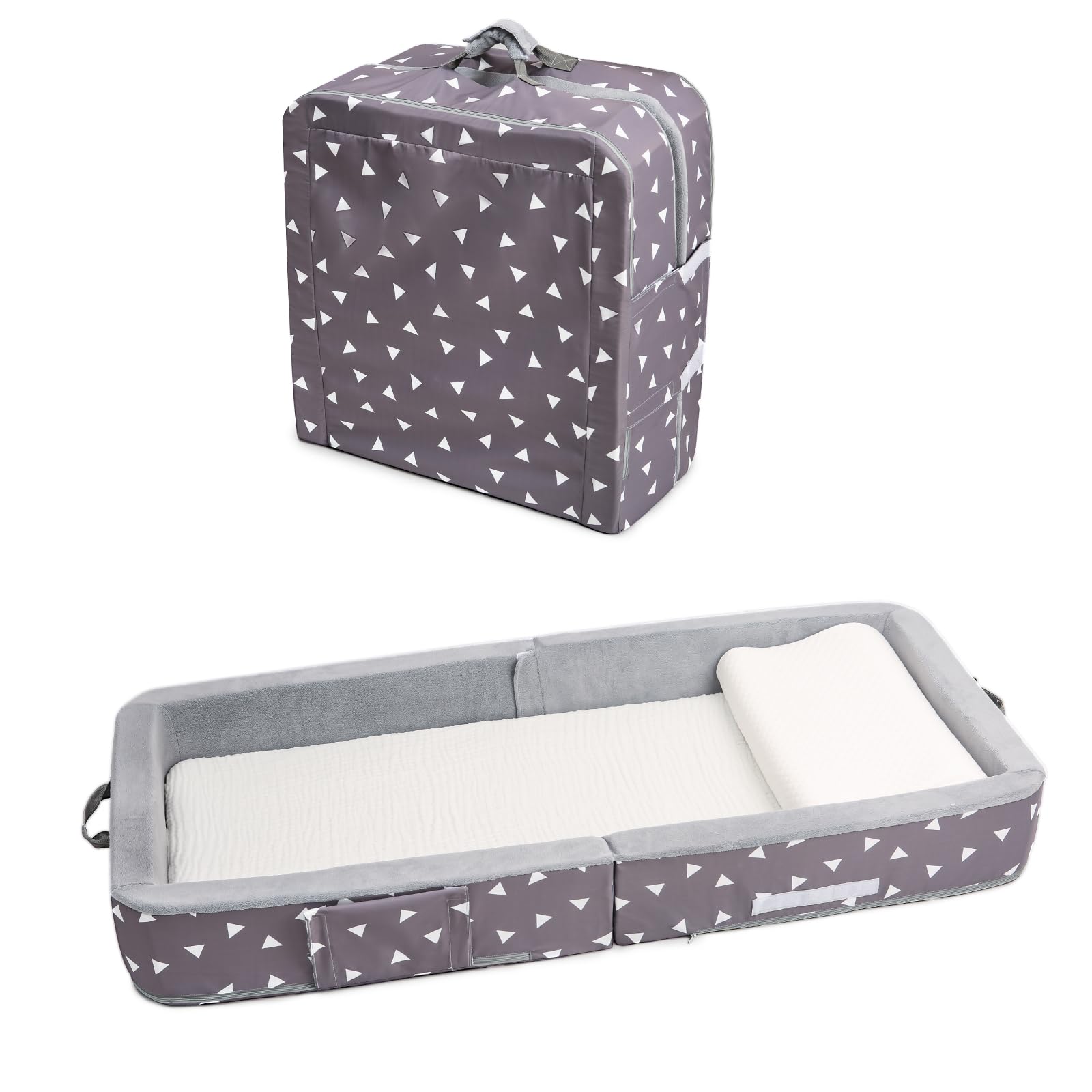 Mooedcoe triangle travel bed grey hotel-ready setup for family trips