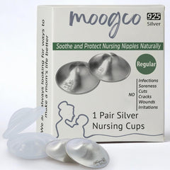 MoogCo original silver nursing cups close-up highlighting under-bra protection during feeds.