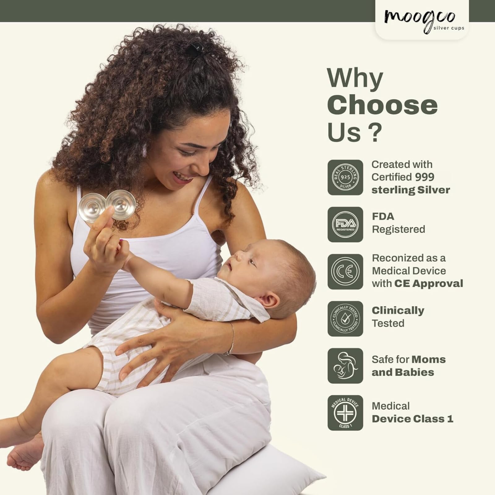 MOOGCO Silver Nursing Cups in use during pregnancy for pre-birth prep.