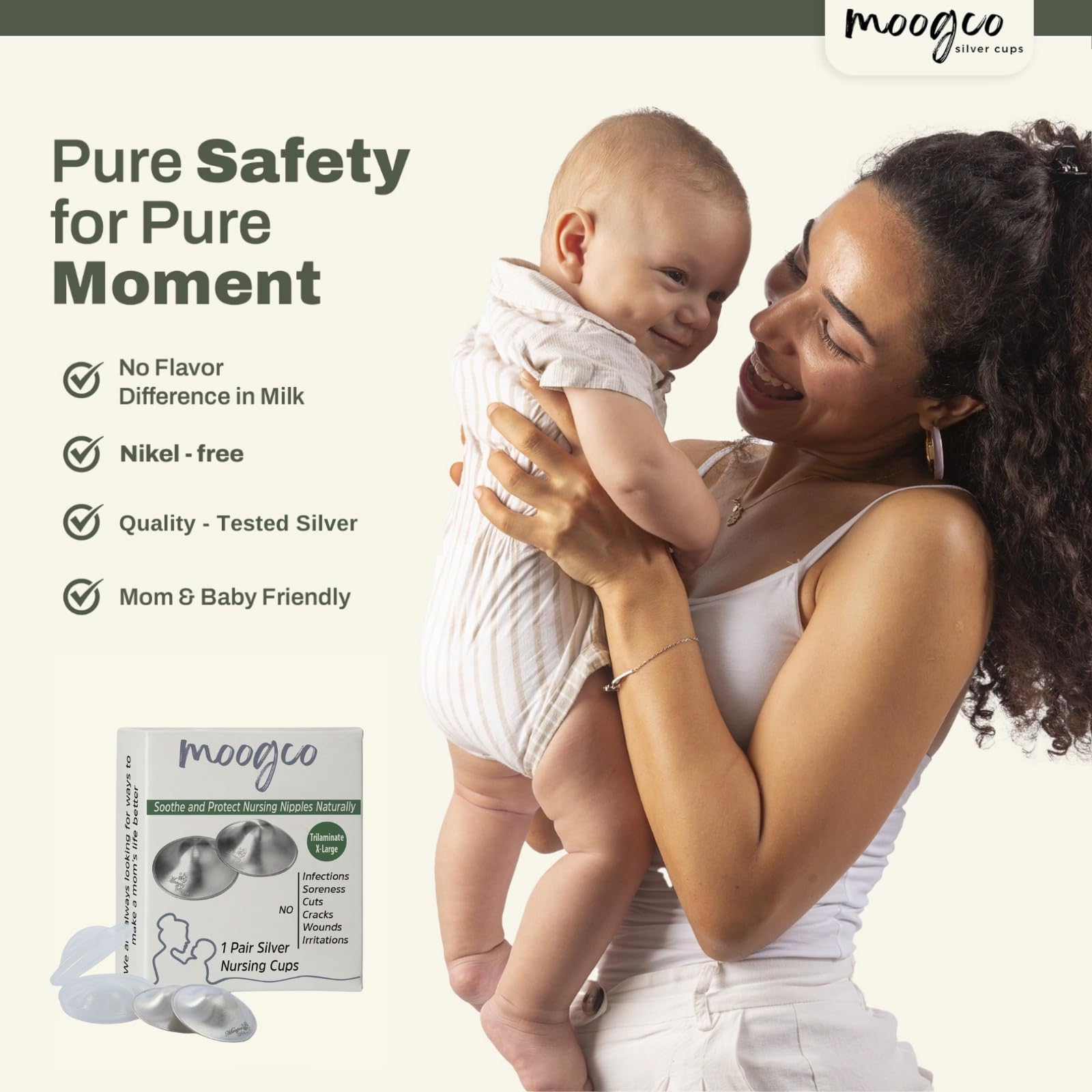 MOOGCO Silver nursing cups in use during feeds convey trusted comfort