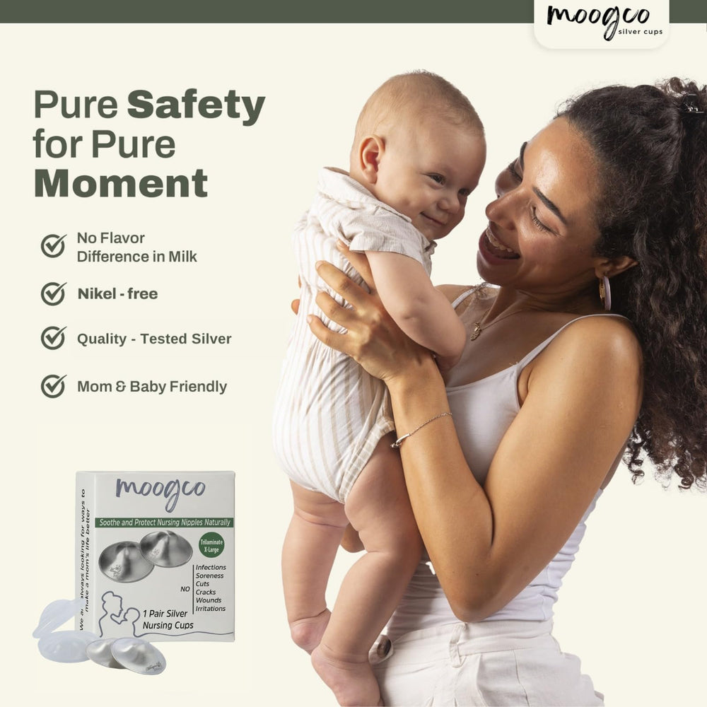 MOOGCO Silver nursing cups in use during feeds convey trusted comfort