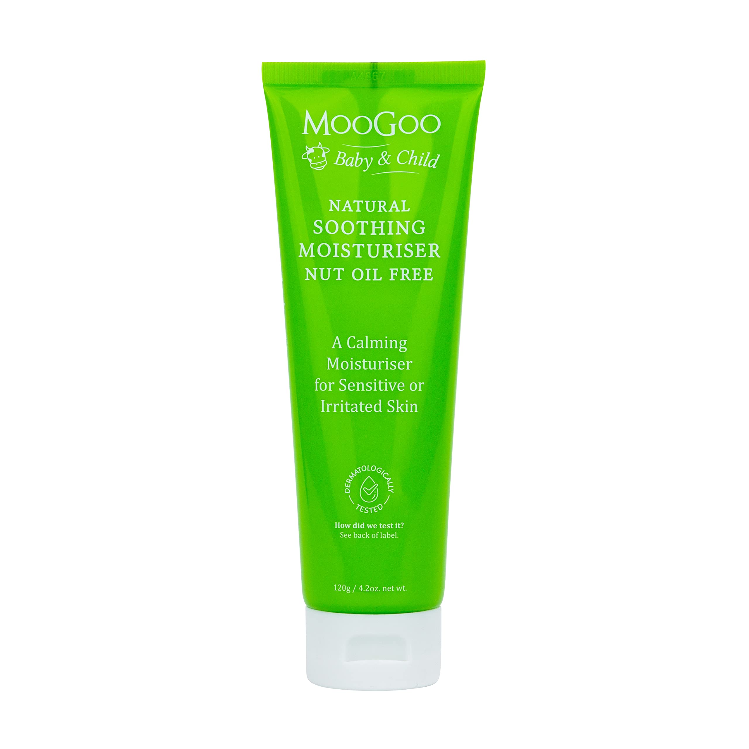 MooGoo Baby Soothing Moisturizer bottle closeup highlighting nut-free formula for sensitive skin.