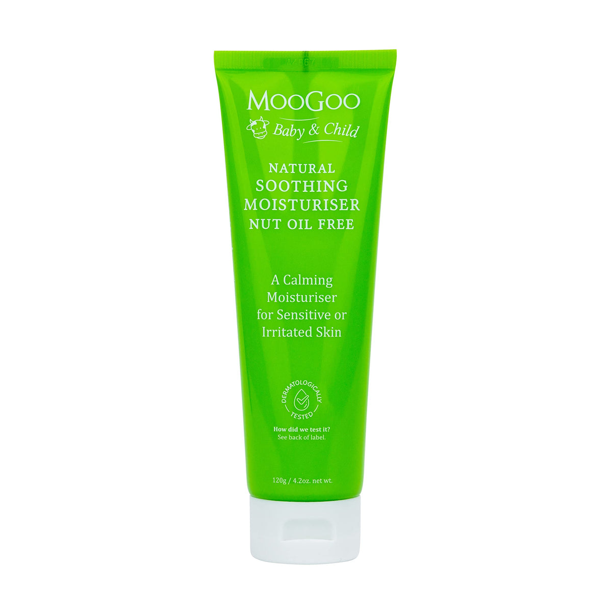 MooGoo Baby Soothing Moisturizer bottle closeup highlighting nut-free formula for sensitive skin.