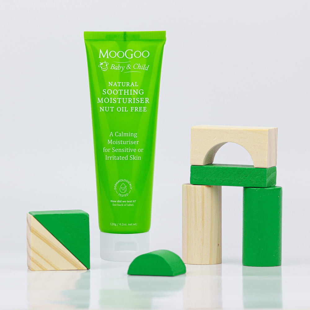 MooGoo Baby moisturizer on face and body illustrates all-ages use.