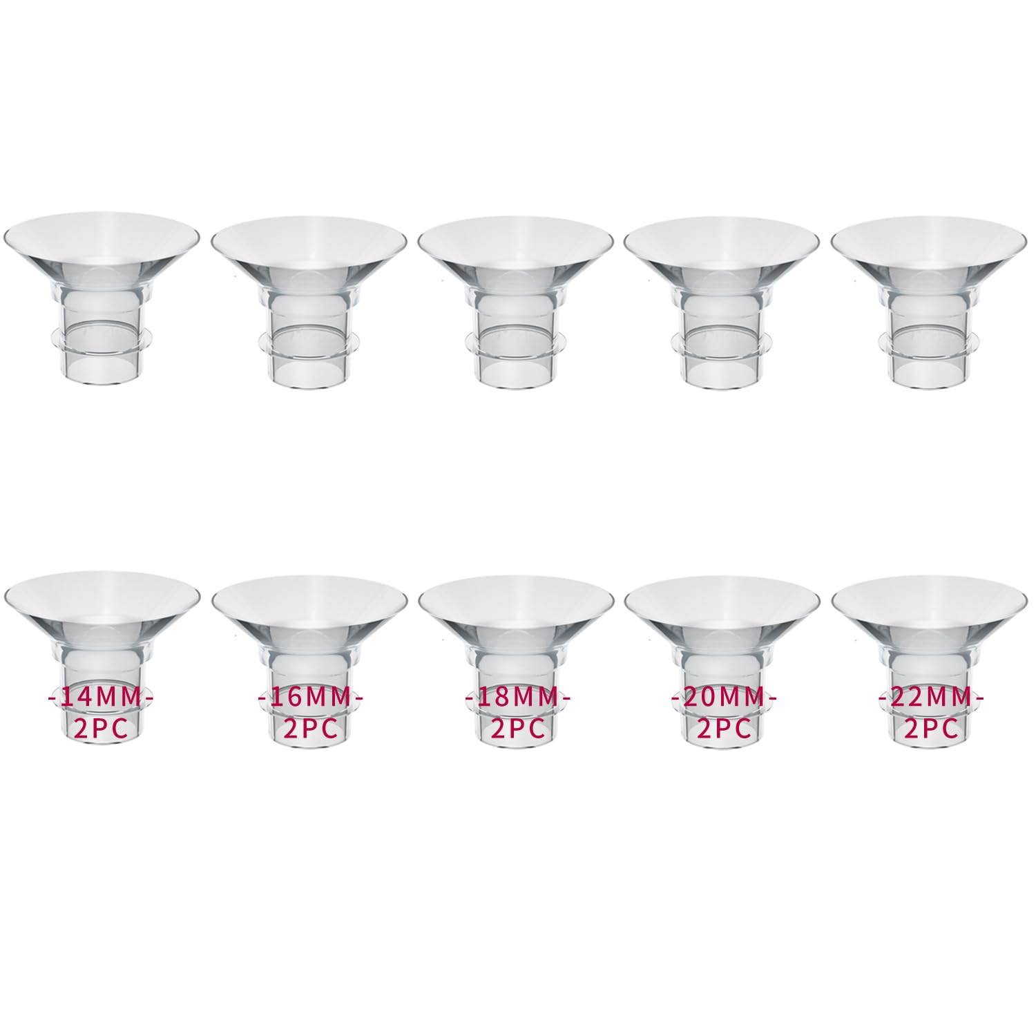 MOOMentaneous flange sizing kit all sizes close-up showing multiple 14–22mm flanges for comfortable pumping