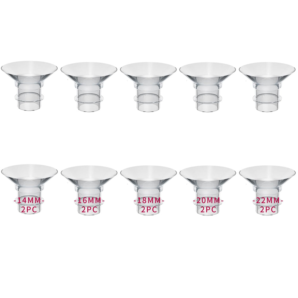 MOOMentaneous flange sizing kit all sizes close-up showing multiple 14–22mm flanges for comfortable pumping