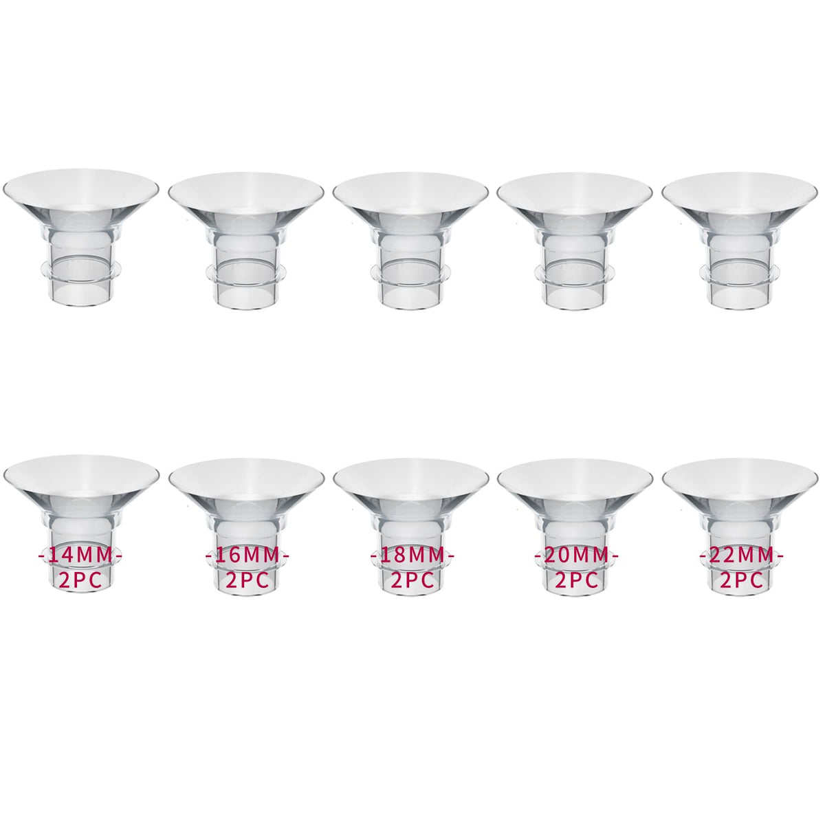MOOMentaneous flange sizing kit all sizes close-up showing multiple 14–22mm flanges for comfortable pumping