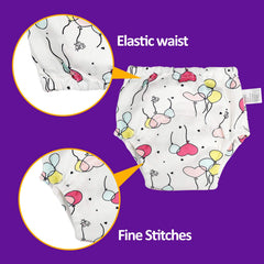 MooMoo Baby absorbent lining highlights 6-layer protection for confident potty practice.