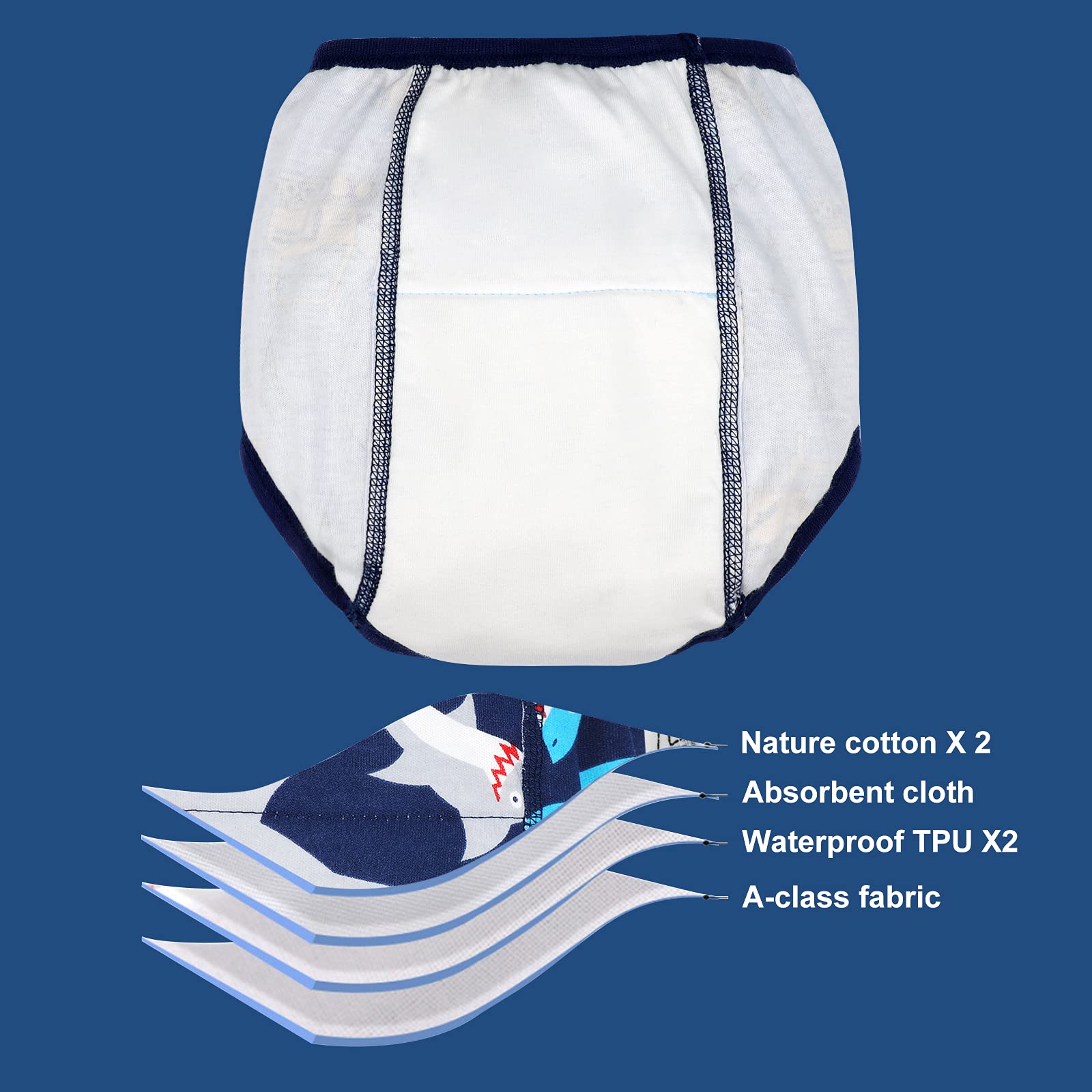 MooMoo Baby Cotton Training Pants inner-structure highlights cotton-muslin-TPU blend for softness.