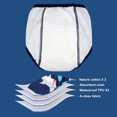 MooMoo Baby Cotton Training Pants inner-structure highlights cotton-muslin-TPU blend for softness.