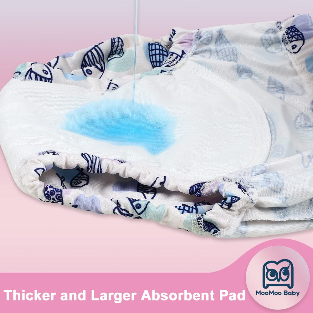 MooMoo Baby plastic training underwear side view demonstrates flexible stretch for easy self-dressing