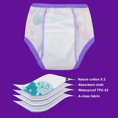 MooMoo Baby training underwear with easy pull up down design for quick potty breaks.