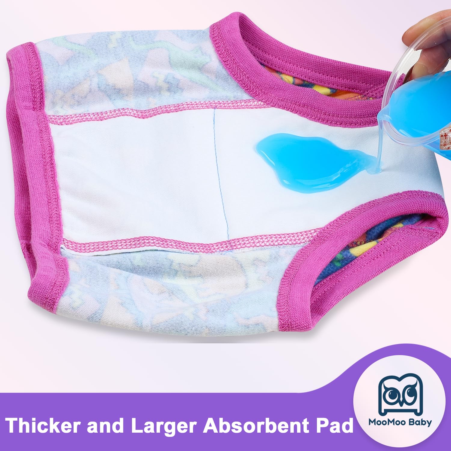 MooMoo Baby Training Underwear six layer crotch demonstrates added protection and potty training cues