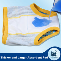 MooMoo Baby Training Underwear waistband closeup shows snug stretch for easy independence.